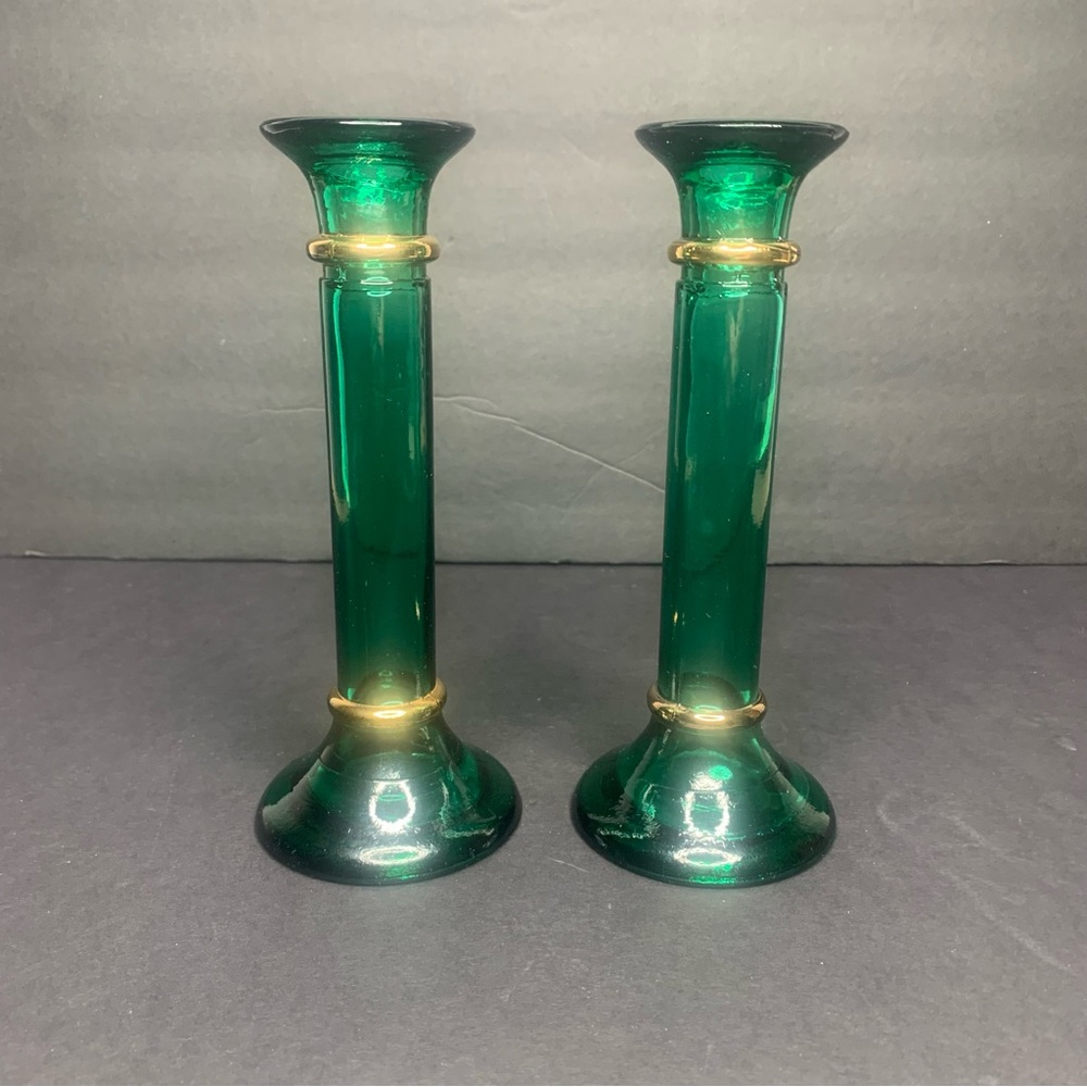 Pair of Vintage Pier 1 Emerald Green Candlesticks
